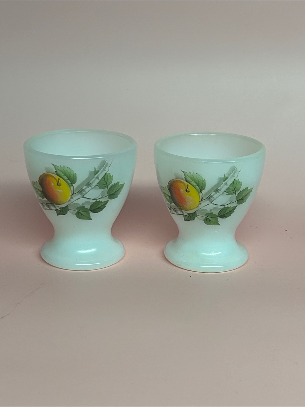 Vintage Egg Cup French Arcopal Milk Glass Fruit Pattern set of 2